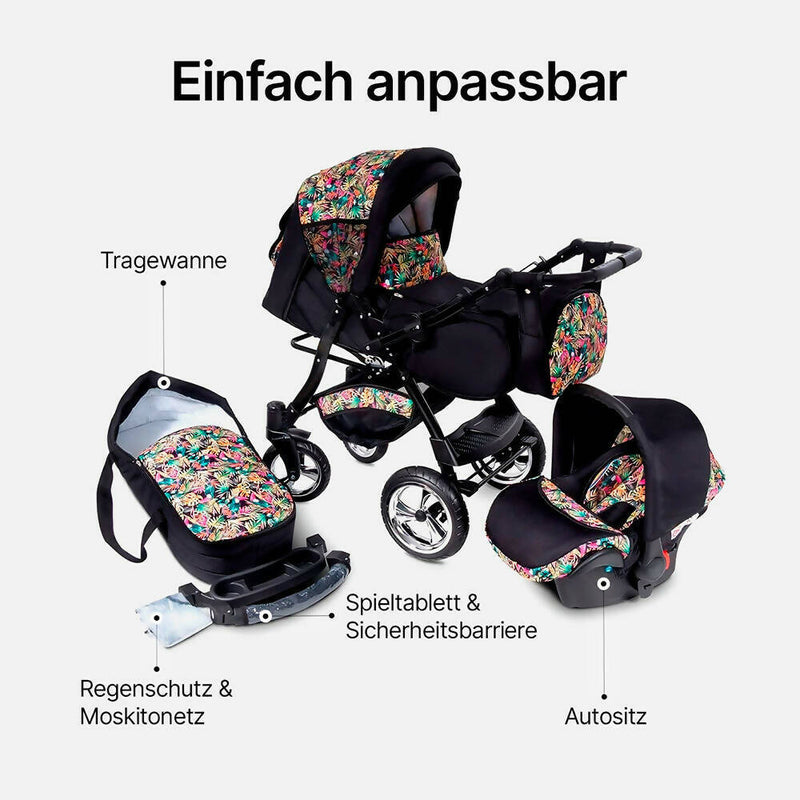 Kombi-Kinderwagen / Inkl. Autositz & Schlafkorb / Made in EU / Flexibel dank Wendegriff / Komfortable Federung / Mit Spieltablett & Moskitonetz / Stabil auf jedem Terrain