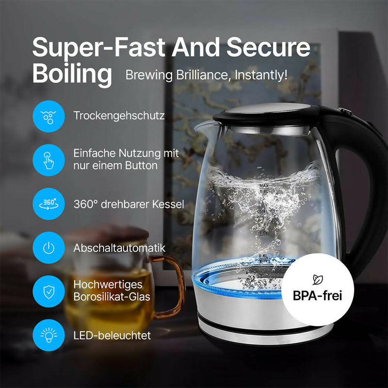 Glas Wasserkocher / 2300W / 1.8 Liter / LED Blau Licht / 100% BPA Frei / Trockenlaufschutz / Schnelles Aufkochen