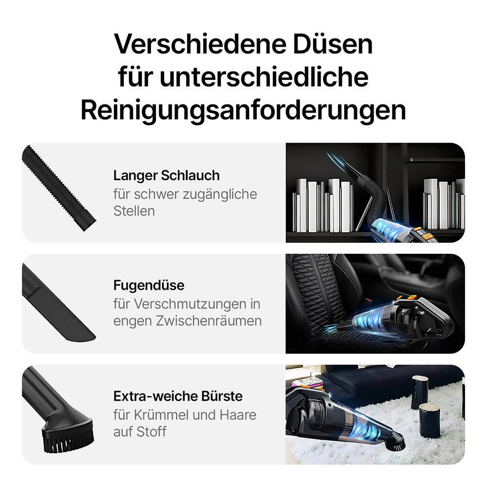 Leistungsstarker Akku-Handstaubsauger Pro / Beutelloser 9500Pa Handstaubsauger für Nass & Trocken / Handsauger mit 2600mAh Akku & LED-Leuchte