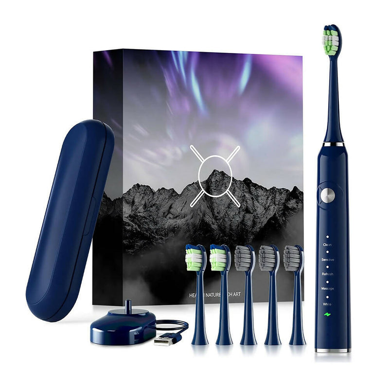 Elektrische Zahnbürste/Schallzahnbürste, Saubere Zähne wie vom Zahnarzt, USB-Aufladbar, Wasserfest, 5 Programme, 6 Bürstenaufsätze, Mit Schutzhülle