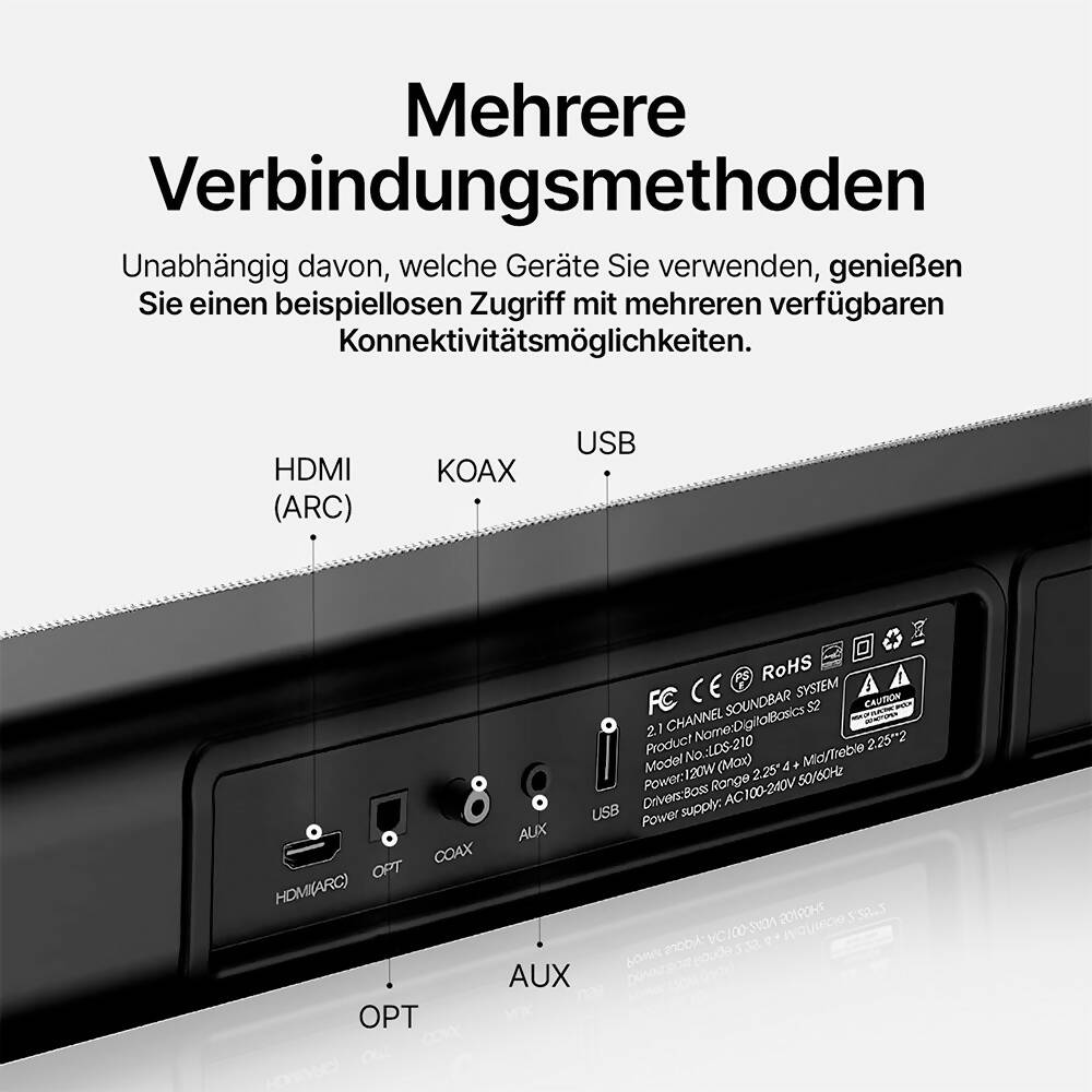 Soundbar Pro S2 für TV, PC, Laptop & Home Cinema / Elegante Bluetooth Soundbar mit Subwoofer-Surround-Sound / HDMI