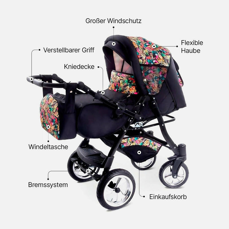 Kombi-Kinderwagen / Inkl. Autositz & Schlafkorb / Made in EU / Flexibel dank Wendegriff / Komfortable Federung / Mit Spieltablett & Moskitonetz / Stabil auf jedem Terrain