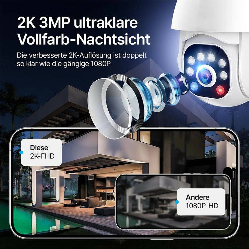 Outdoor Überwachungskamera mit 3 Megapixel / Kabelbetrieben / Wasserdichte WLAN Kamera mit Zwei-Wege-Audio / Outdoor Überwachung durch Nachsicht und Bewegungssensor