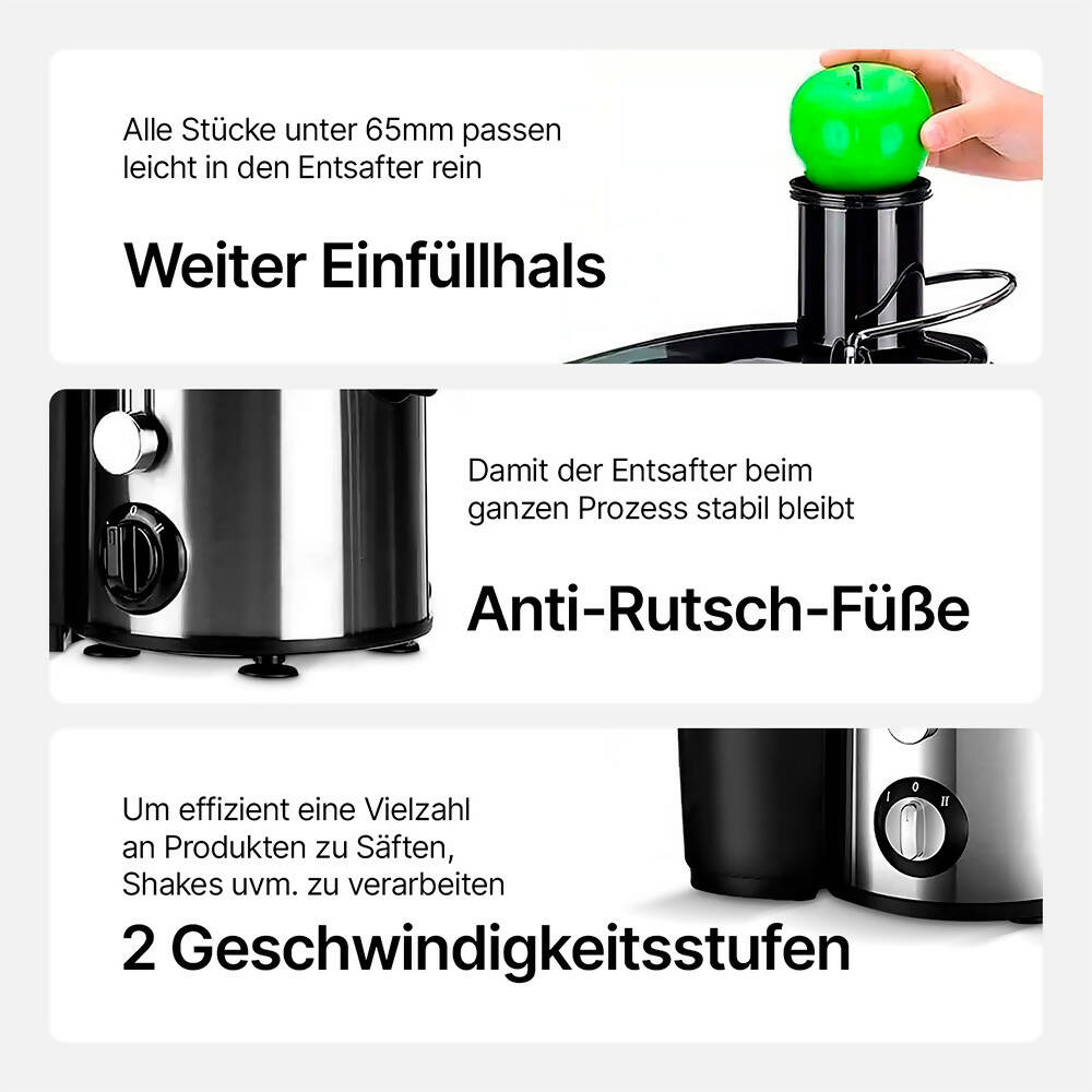 Entsafter mit optimierter Saftausbeute / 65mm Einfüllhals / 2 Geschwindigkeitsstufen / 450ml Saftkapazität & 1600ml Tresterbehälter / Leistungsstarker Motor & Edelstahl-Filter / Leicht zu reinigen