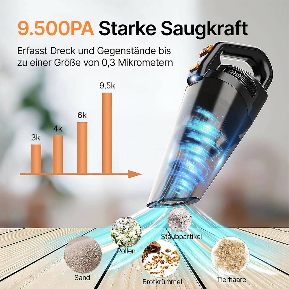 Leistungsstarker Akku-Handstaubsauger Pro / Beutelloser 9500Pa Handstaubsauger für Nass & Trocken / Handsauger mit 2600mAh Akku & LED-Leuchte