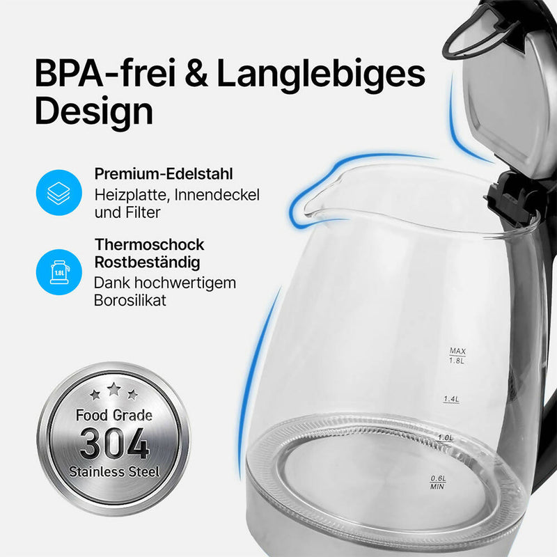 Glas Wasserkocher / 2300W / 1.8 Liter / LED Blau Licht / 100% BPA Frei / Trockenlaufschutz / Schnelles Aufkochen