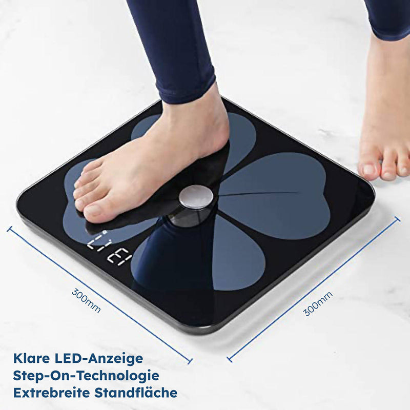 Digitale Körperfettwaage / Analyse über App / Bluetooth / Misst Körperfett, BMI und Muskelmasse / Schwarz / Mehrere Benutzerprofile / Gehärtetes ITO-Glas