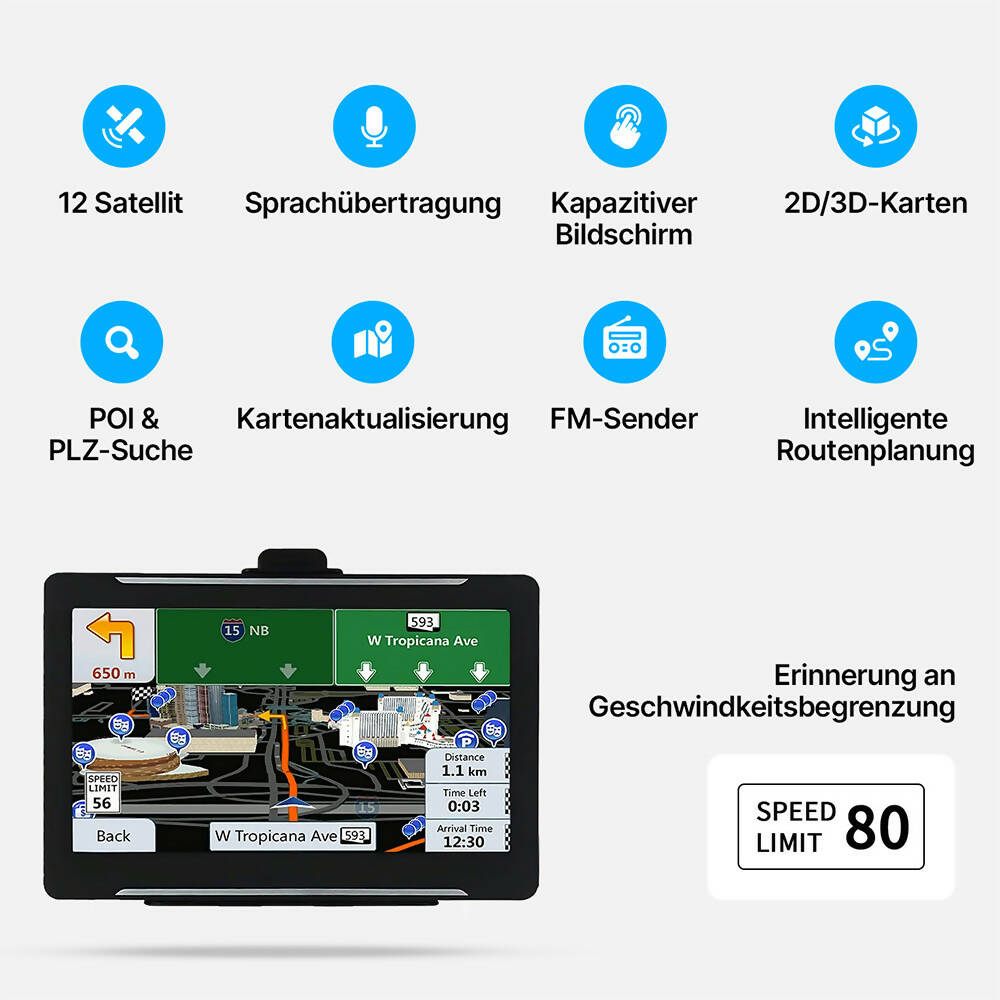 GPS Navigationsgerät für Auto, LKW, PKW mit lebenslanger Kartenaktualisierung / 7-Zoll Touchscreen Navigation mit Sonnenblende / 2D & 3D Kartenansicht und Tempolimit-Erinnerung