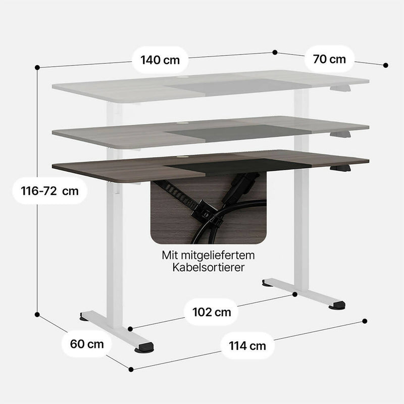 Elektrischer höhenverstellbarer Schreibtisch mit Stopp-Mechanismus & Haken / Dunkelgrau / 1,4m x 0,7m / Metallrahmen / Leistungsstarker Motor