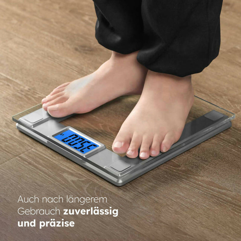 Digitale Personenwaage / Bis Maximalgewicht von 250kg / Misst Gewicht und BMI / Verbindung über App zum Smartphone / extra breite Standfläche / 8mm stabiles Hartglas