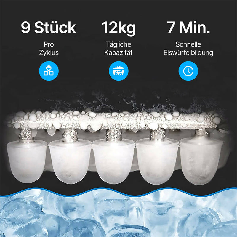 Vollautomatische Eiswürfelmaschine / 9 Eiswürfel alle 7 Min. / mit LCD-Bildschirm & Sichtfenster / 600g Eiskorb / Wasserstandsanzeige / inkl. Eisportionierer