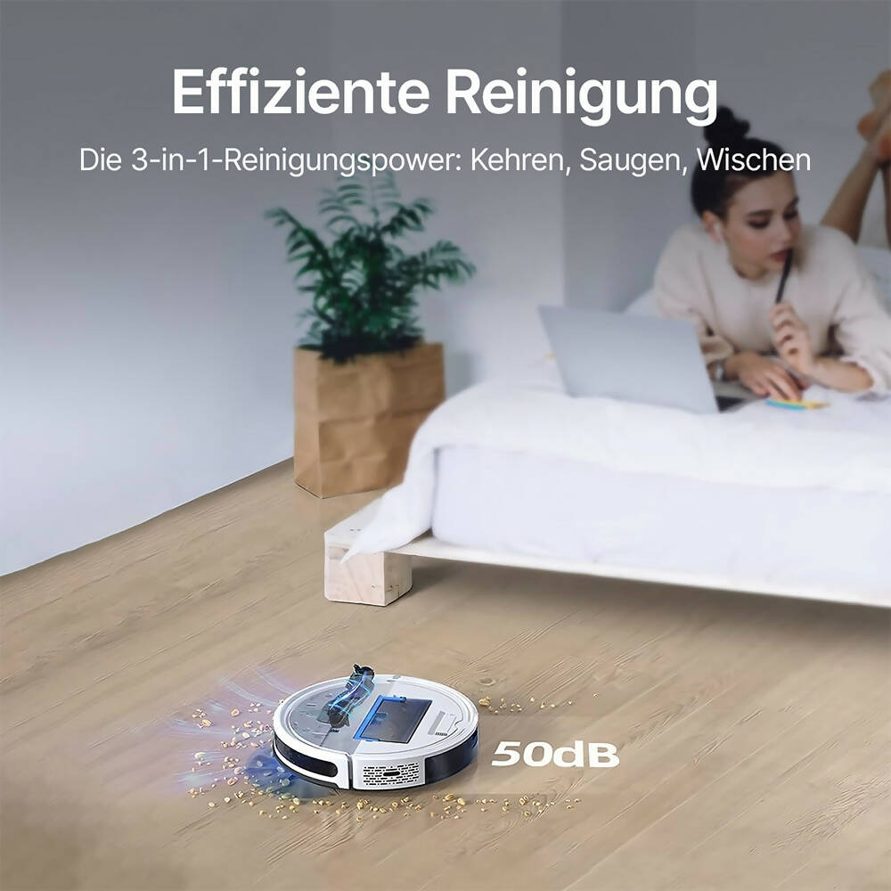 Saugroboter Pro mit Wischfunktion / 3000Pa Saugkraft / Intelligente Reinigungsrouten / App-Steuerung / 150 Min. Laufzeit / Teppicherkennung / Einfache Wartung / Alexa & Google kompatibel